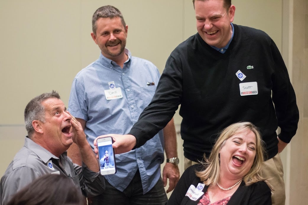 A team laughs together.