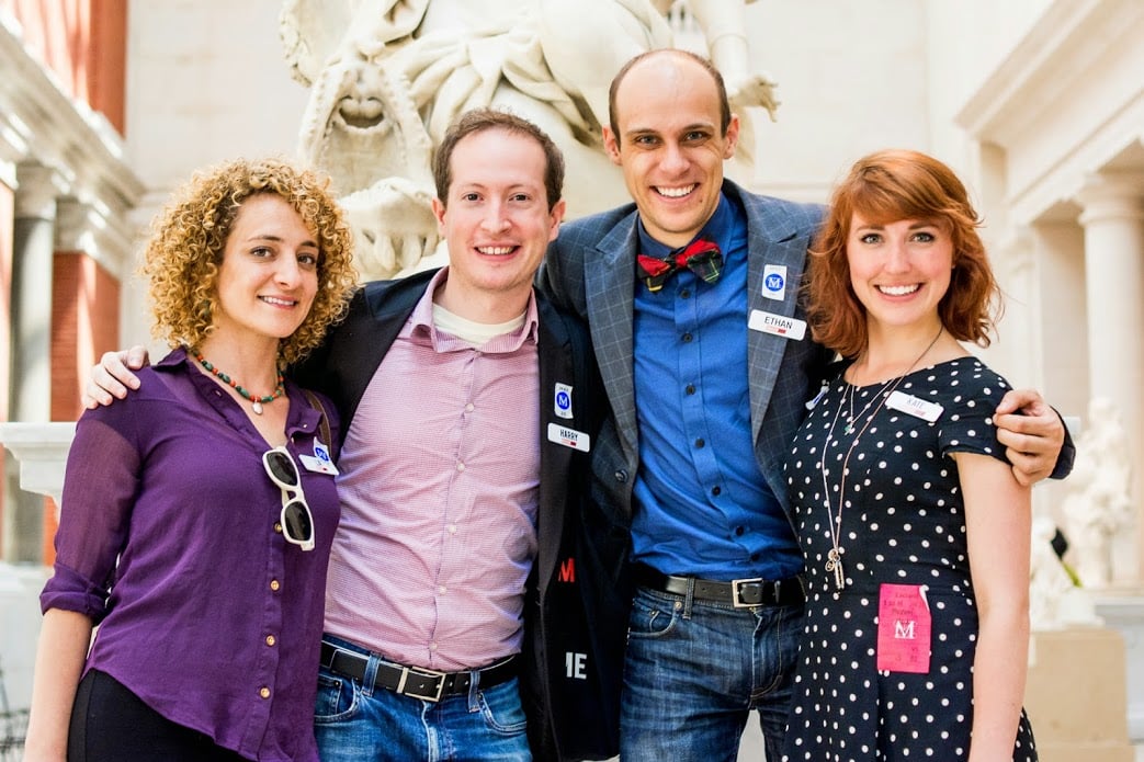 A group smiles together.